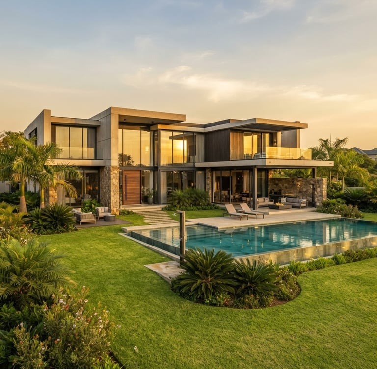 Premium modern residential villa exterior in Roma, Lusaka, shot at golden hour with warm sunlight reflecting off clean glass and manicured lawns, architectural photography