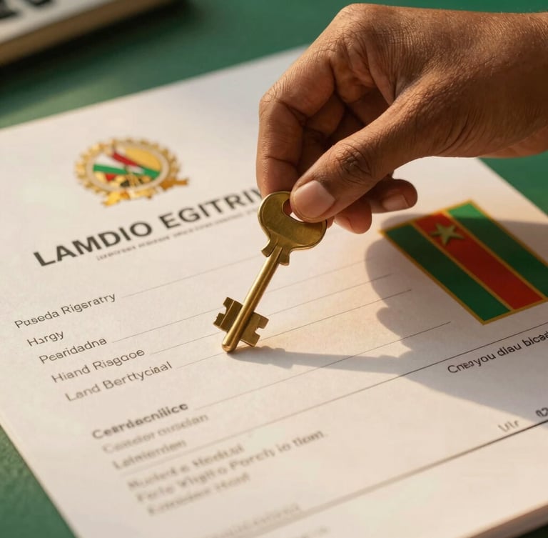 Close-up of hand holding brass keys over official Zambian land registry documents, warm natural light, professional setting