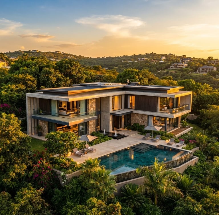 Wide shot of a modern luxury villa in Kabulonga, Lusaka, during golden hour, sharp architectural lines, rich green and gold tones