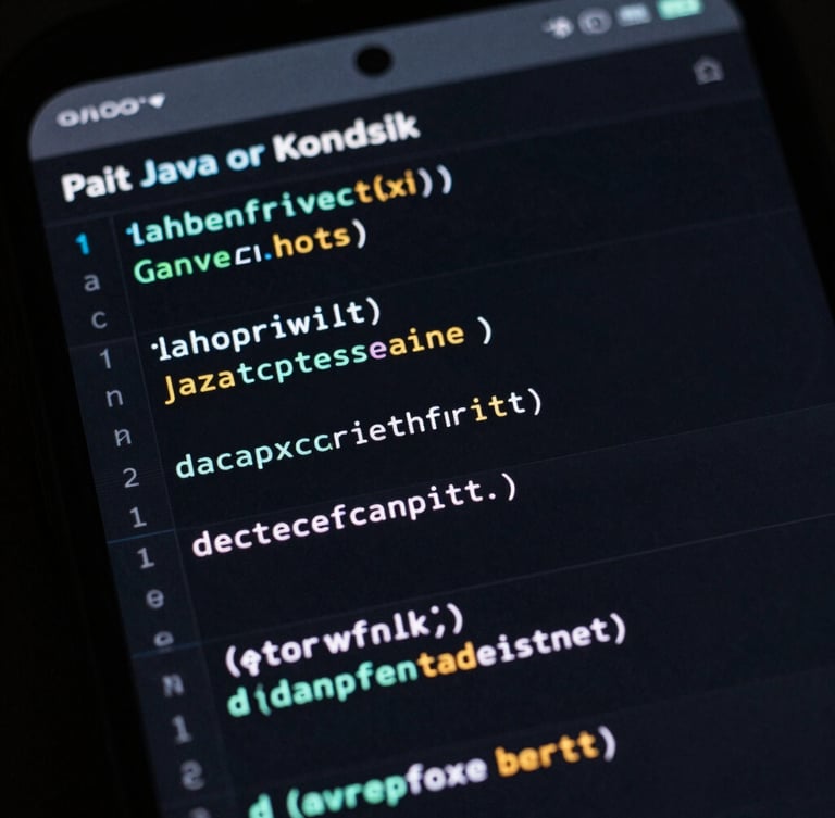 Macro shot of an Android phone screen displaying a clean, dark-mode code editor with syntax highlighting, showing a snippet of highly optimized, native Java or Kotlin code, low-key studio lighting with cyan accents.