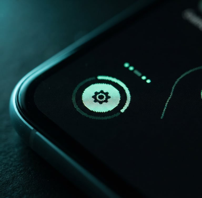 Macro shot of an Android smartphone screen displaying a clean, dark-mode UI with crisp mint green elements, shallow depth of field, low-key studio lighting with cyan accents.
