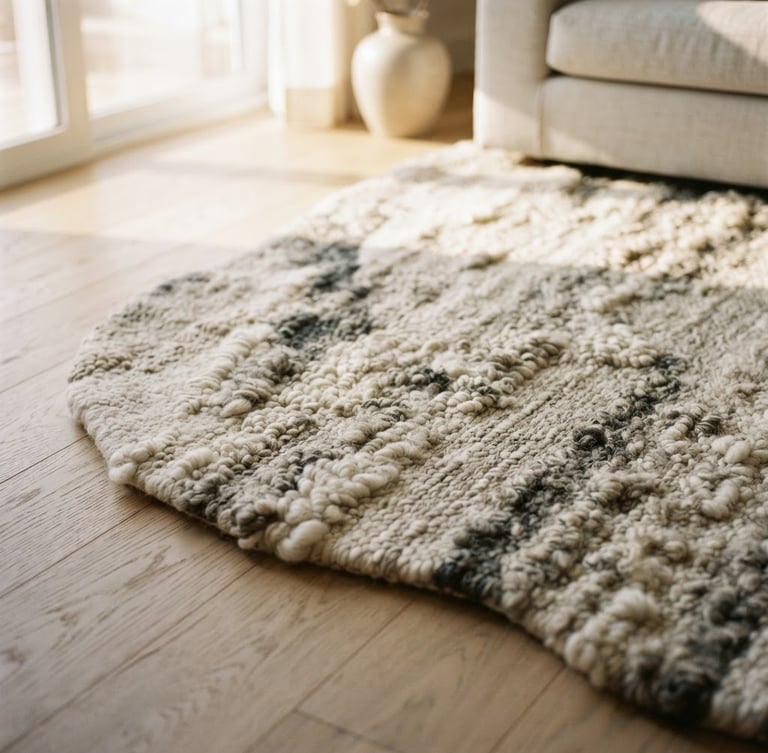 Detailed close-up of a high-end custom organic wool rug with soft curved edges on a light oak floor, warm morning sunlight casting soft shadows, 35mm photography