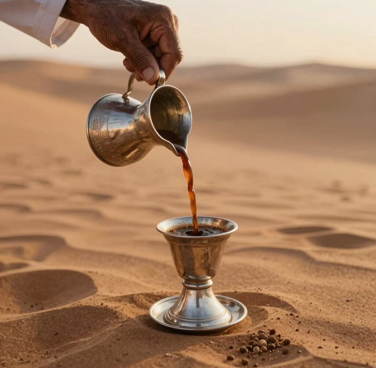 Close-up of an elder Bedouin guide pouring traditional cardamom-spiced coffee from a silver dallah, soft golden hour light, warm sand tones, 35mm