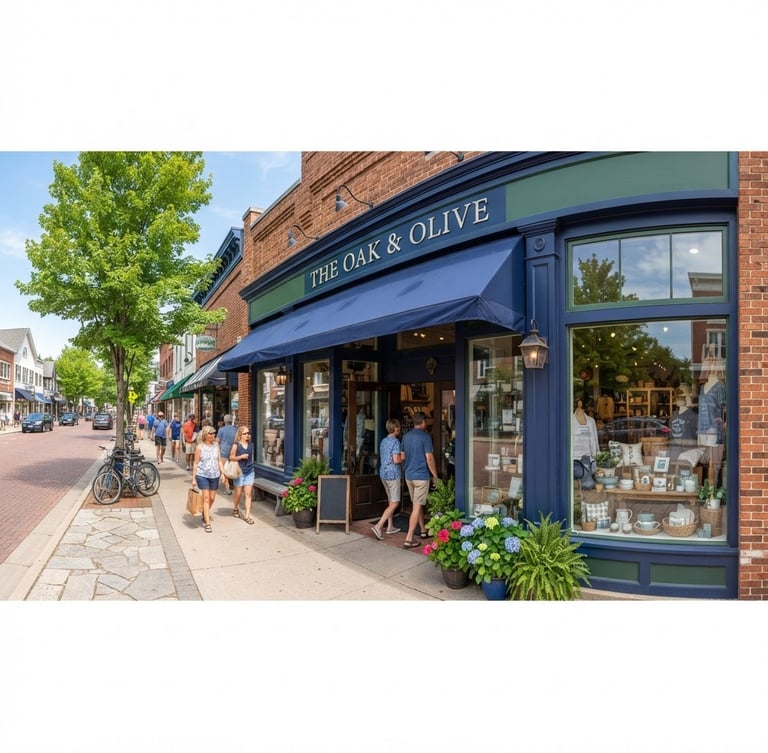 Wide panoramic view of a bright, thriving Michigan brick-and-mortar storefront, natural daylight, deep blue and green accents, crisp commercial photography.