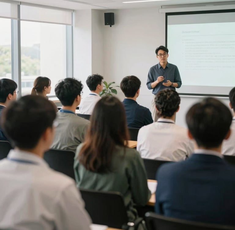 A professional seminar setting with engaged clinical educators looking at a presentation, natural soft-diffused daylight, clean modern interior.