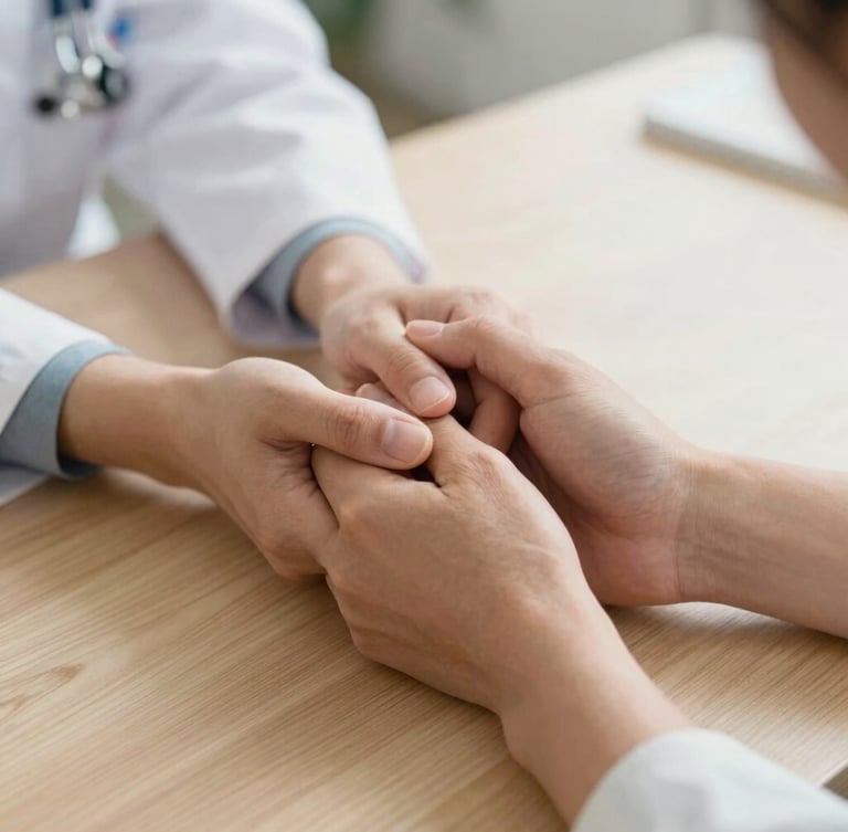 A close-up shot of a clinician's hands gently holding a patient's hand over a light wooden table, soft natural daylight, warm and reassuring atmosphere, focusing on the human connection.