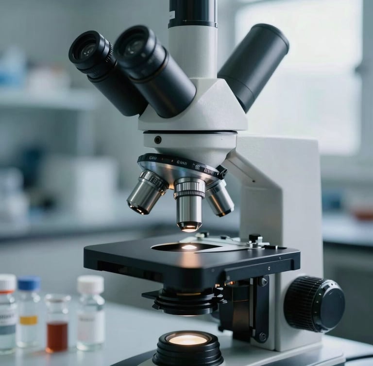 A close-up of a high-end laboratory environment, featuring a modern microscope and clean glass vials illuminated by cool natural daylight.