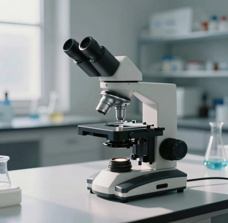 A white binocular compound microscope on a laboratory bench with scientific glassware.