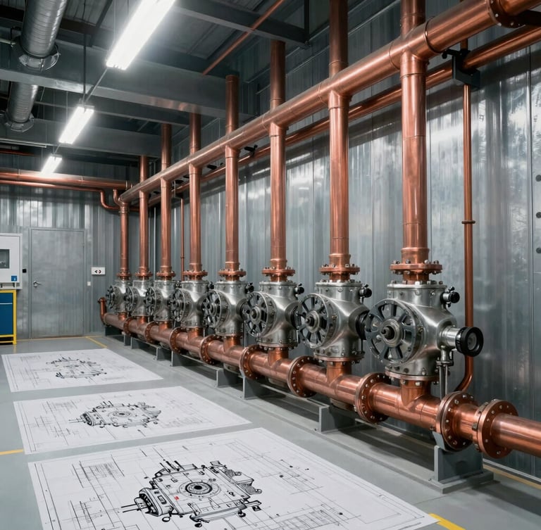 Wide environmental shot of a clean commercial mechanical room, neatly routed copper piping running along a galvanized steel wall, bright utility lighting, high contrast, technical blueprint feel.