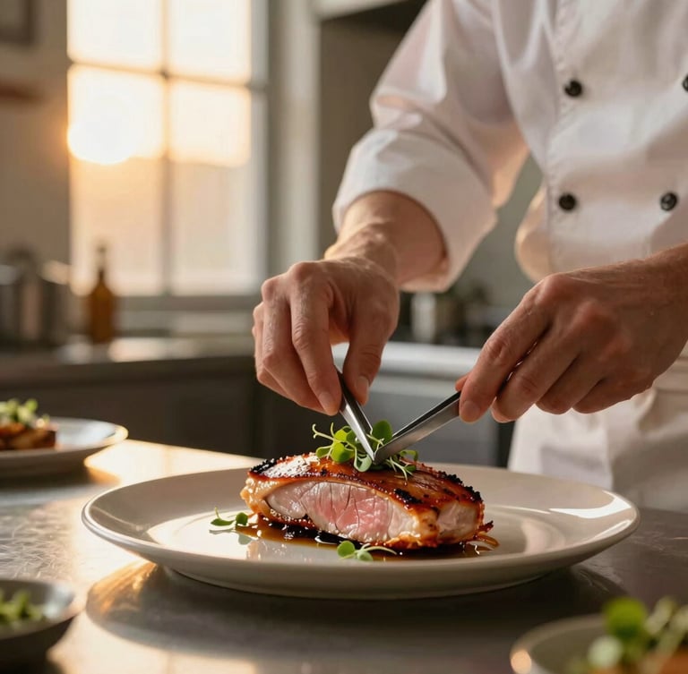 A professional chef in a clean, modern kitchen carefully placing microgreens on a beautifully seared duck breast with tweezers, soft golden-hour window light, shallow depth of field
