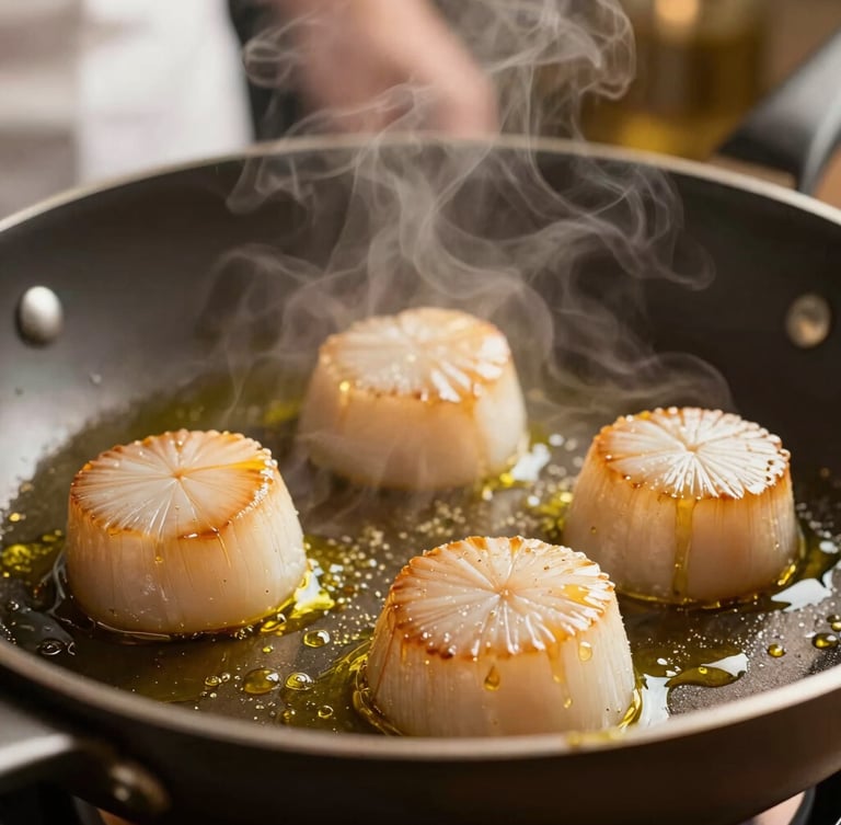 Close-up macro shot of a chef searing fresh scallops in a hot pan, olive oil glistening, warm ambient kitchen lighting, elegant steam rising, shallow depth of field.