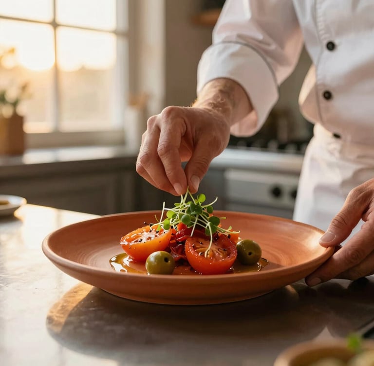 A professional chef in a warm home kitchen, delicately plating a vibrant terracotta-colored heirloom tomato dish with microgreens, soft golden-hour window light, shallow depth of field, 35mm photography.