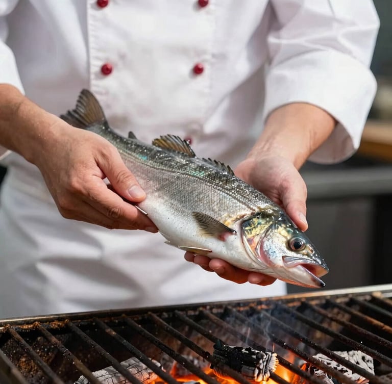 Crisp editorial food photography, close-up of a chef's hands placing a whole wild sea bass onto a roaring open fire grill, glowing orange embers, bright natural daylight, high-contrast.