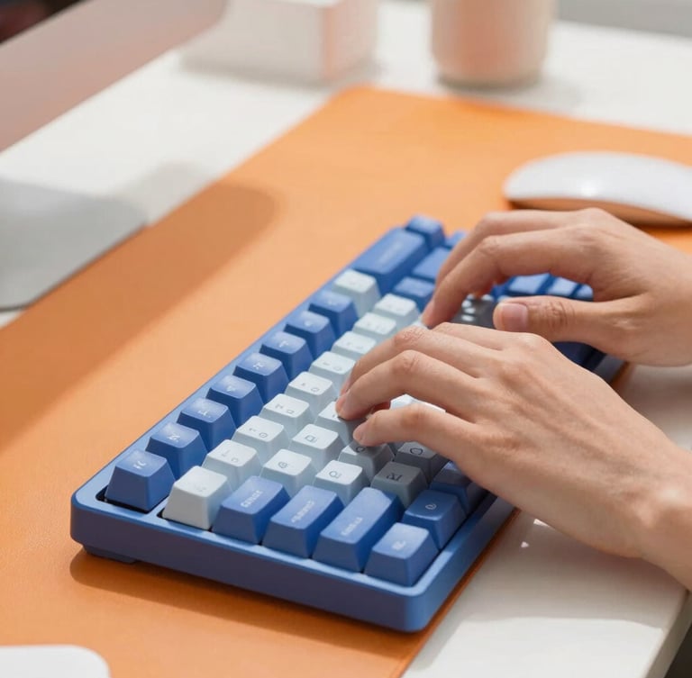 Close-up of hands typing on a sleek mechanical keyboard, bright daylight, vibrant orange accent backdrop, clean modern desk setup.
