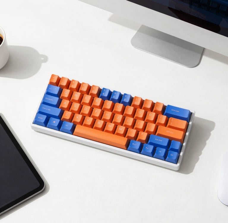 Overhead flat-lay of a clean modern workspace, sleek mechanical keyboard, minimalist digital tablet, bright high-key daylight, crisp shadows