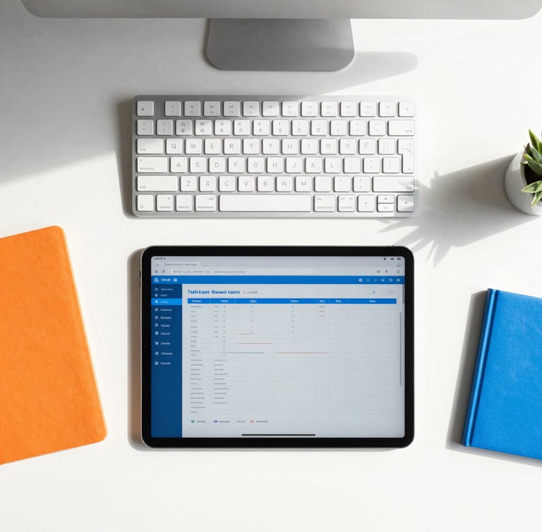 Overhead flat-lay of an organized modern workspace, sleek keyboard, digital tablet showing structured workflows, bright high-key lighting with crisp shadows, electric blue accents.