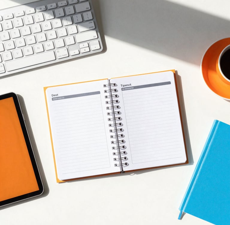 Overhead flat-lay of a clean, organized modern workspace with a sleek keyboard, digital planner on a tablet, crisp natural daylight, vivid orange accents