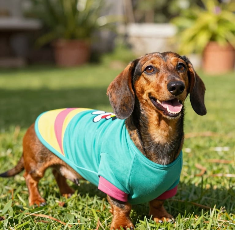 Bright joyful dachshund wearing a colorful custom-fit teal shirt in a sunny garden, eye-level candid shot, warm natural light, 35mm.