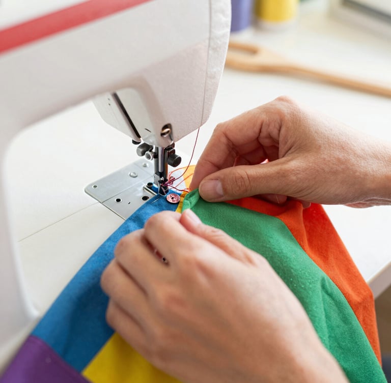 Close-up of hands carefully stitching a colorful fabric garment with a sewing machine in a bright workshop, soft warm daylight, focus on the fabric texture