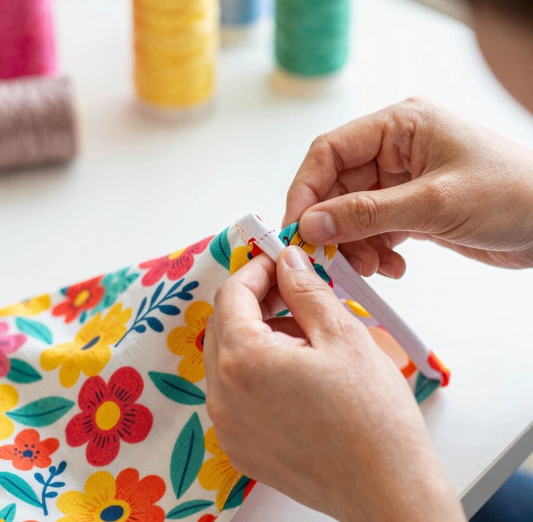 Close-up of hands carefully sewing a colorful floral pet shirt in a bright workshop, warm daylight, focus on stitching detail.