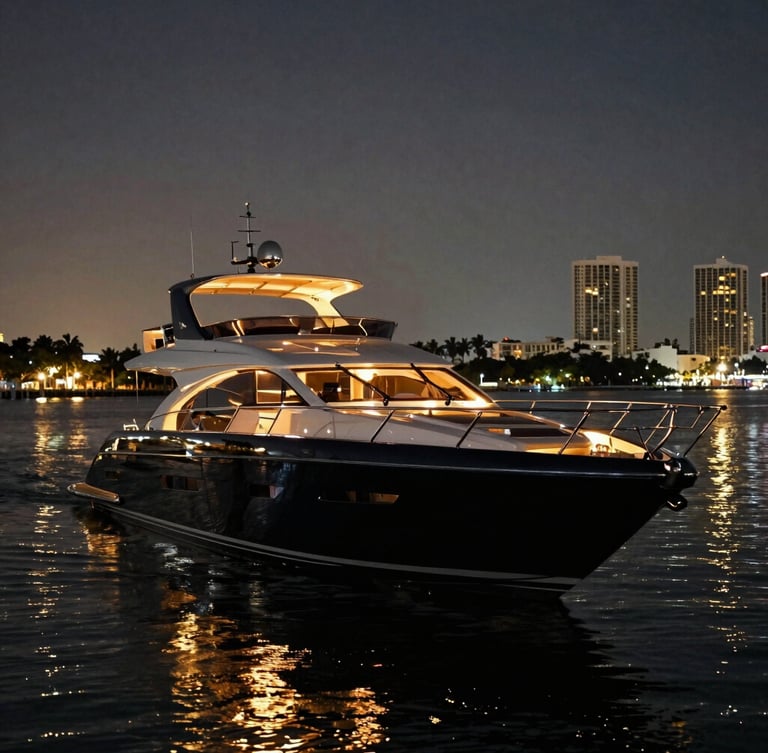 Low-key dramatic night shot of a sleek black yacht deck illuminated by warm golden interior lights, calm Miami harbor water reflecting champagne tones, 35mm anamorphic framing
