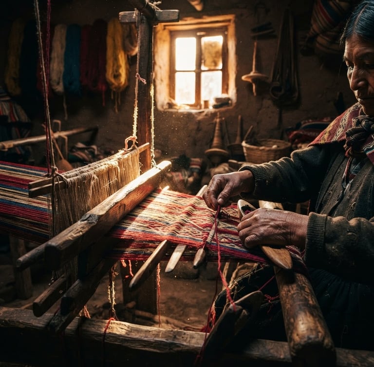 Cinematic close-up of a master weaver's hands working on a wooden loom, warm golden-hour light illuminating the intricate threads and dust motes in a historic Andean workshop.