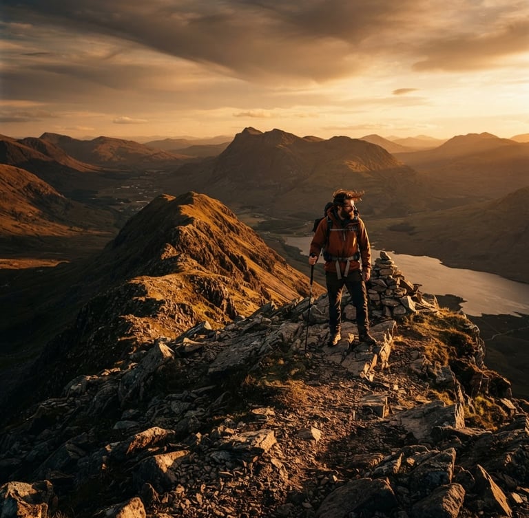 A lone explorer standing on a high windswept ridge in the Scottish Highlands, dramatic golden-hour light casting long shadows, deep rich tones, cinematic editorial photography