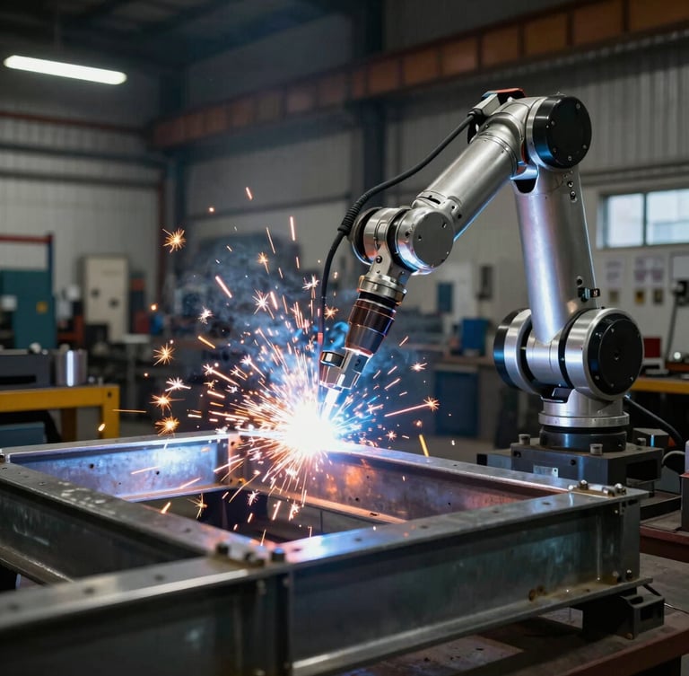 A robotic arm welding a heavy steel frame in an industrial workshop, dramatic sparks flying, high-contrast workshop lighting, metallic reflections.