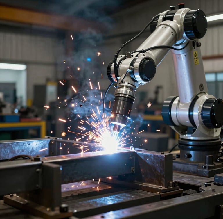 Close-up of industrial robotic arm welding heavy steel frame, dramatic high-contrast workshop lighting, bright sparks flying, metallic reflections, 35mm lens.