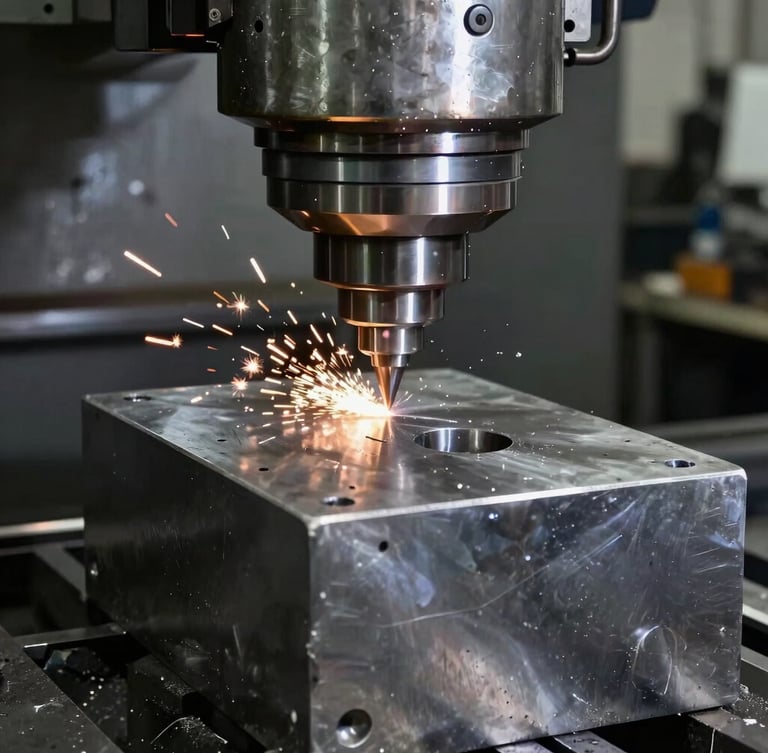 Heavy CNC milling machine cutting a massive steel block, high-contrast industrial workshop lighting, sparks and metallic reflections, 35mm lens