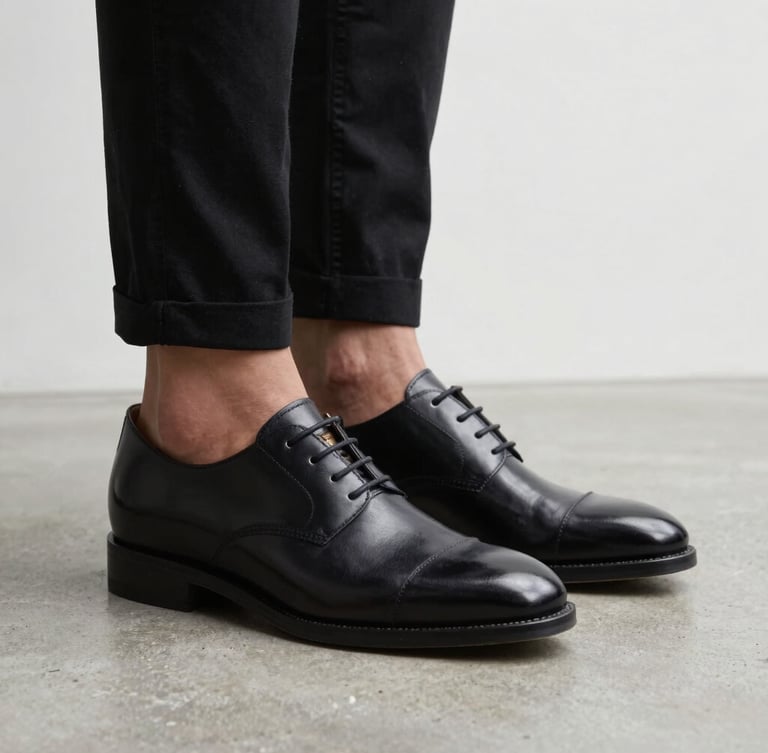 Close-up of elegant leather shoes resting on a minimalist concrete floor, soft natural side lighting, premium editorial style