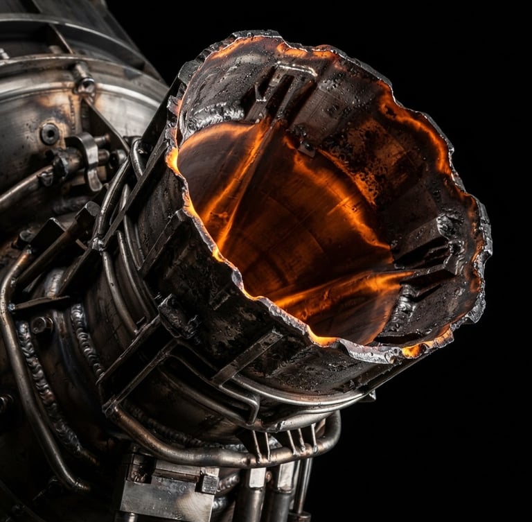 Stark macro photograph of an aerospace propulsion nozzle, dramatic key lighting, deep black background with glowing orange thermal indicators, ultra-detailed technical render