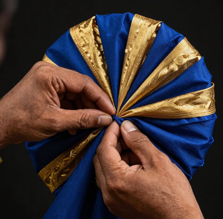 Close-up of skilled hands meticulously working on intricate folds of a royal blue and gold turban, dramatic studio lighting, sharp focus, highlighting the texture of the fabric.