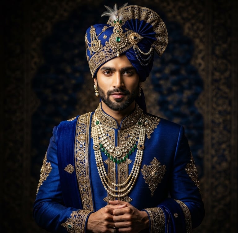 A regal Indian groom in a deep royal blue turban with intricate gold embroidery, dramatic high-contrast studio lighting, sharp focus, 85mm portrait lens, showcasing flawless symmetry and rich texture.