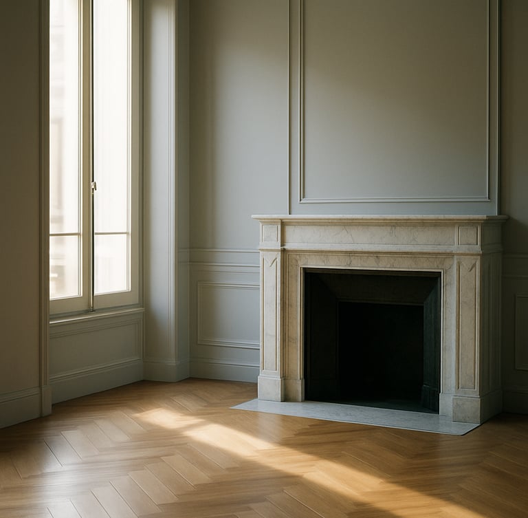 Elegant minimalist interior of a Geneva residence with polished herringbone parquet floor and marble fireplace, sunlight streaming through tall window, 35mm photography
