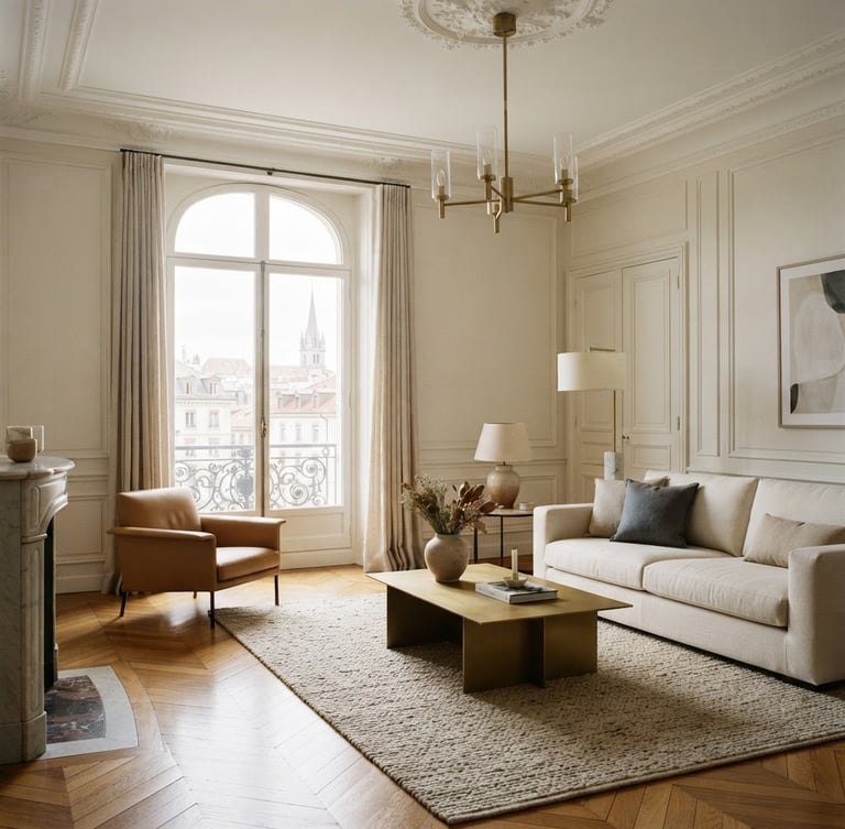 Elegant luxury Geneva townhome interior with high ceilings, classical moldings, soft natural daylight streaming through tall windows, polished parquet floors, minimalist high-end design, 35mm photography