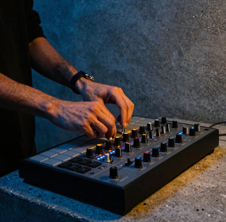 Low-angle portrait of a producer's hands adjusting knobs on a classic MPC sampler, dramatic midnight blue and warm amber neon lighting, raw concrete background