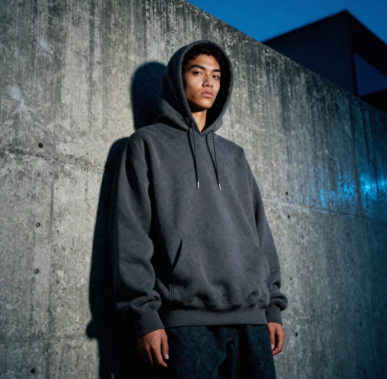 Low-angle gritty editorial fashion shot of a model in an oversized dark grey hoodie standing against a brutalist concrete wall in Mexico City, moody midnight blue neon highlights, dramatic shadows, 35mm film.