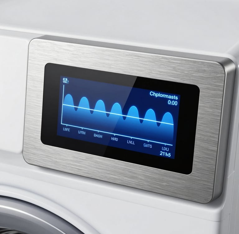 A high-tech digital control interface displaying a calibrated washing cycle graph on a brushed steel panel, cool blue lighting.