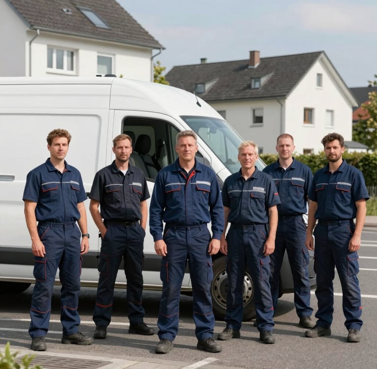 A group of professional German electricians in matching navy blue workwear standing proudly next to a modern white service van parked in a clean residential street in Siegburg, bright daylight.