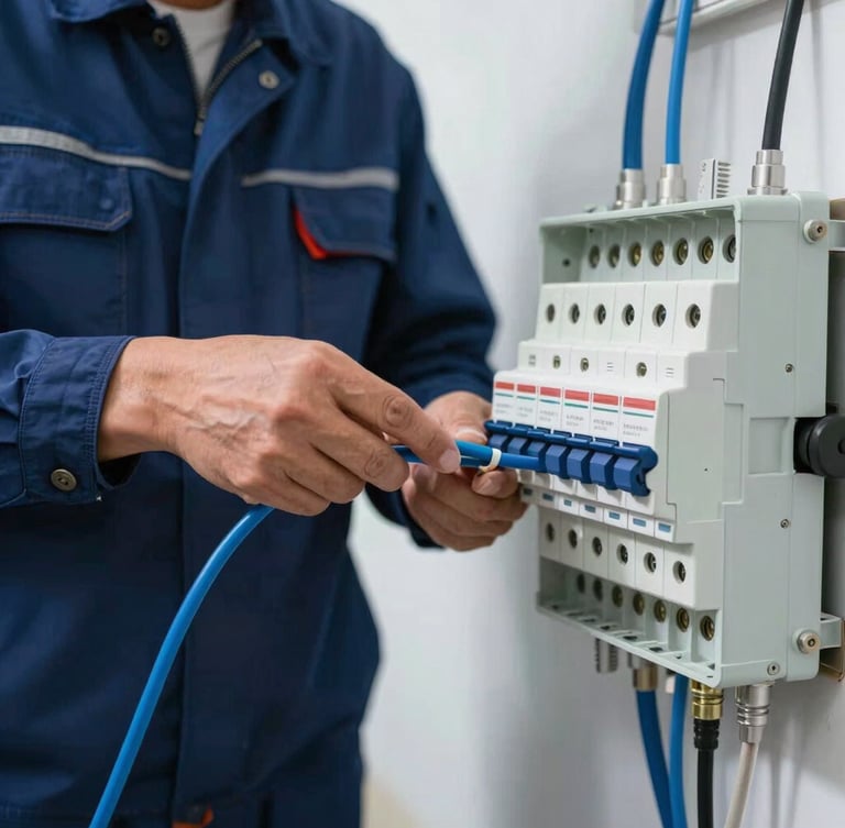 Close-up of a certified electrician in clean dark blue workwear wiring a modern fuse box with precise blue cables, bright daylight