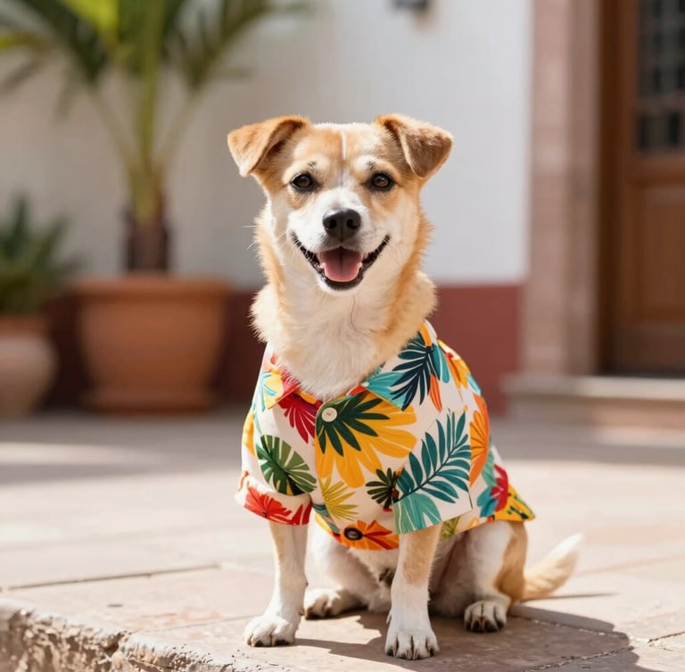 Bright editorial portrait of a cheerful small dog wearing a colorful handmade tropical shirt, sitting comfortably on a sunny Guanajuato patio, warm natural daylight, shallow depth of field
