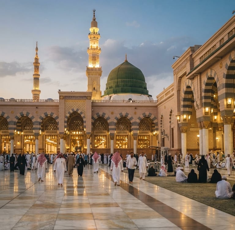 Serene environmental shot of the Prophet's Mosque in Madinah during soft golden hour, architectural details in crisp focus, warm light reflecting off marble courtyard, shallow depth of field