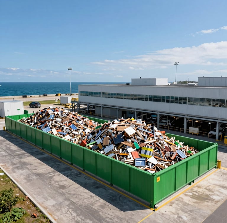 Low-angle powerful shot of a modern industrial recycling facility near the port, clean sorted materials, bright daylight, safety green accents.
