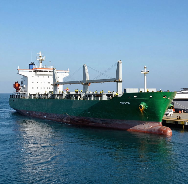 Wide-angle crisp industrial photography of a massive cargo ship docked at Valparaíso harbor, deep ocean blue water, bright coastal daylight, professional crew visible on the dock.
