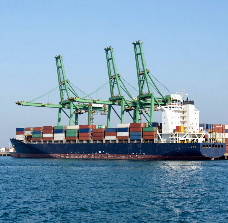 Wide-angle industrial photography of a massive container ship docked at the Port of Valparaíso, bright coastal daylight, deep ocean blue water, safety green details on crane structures.