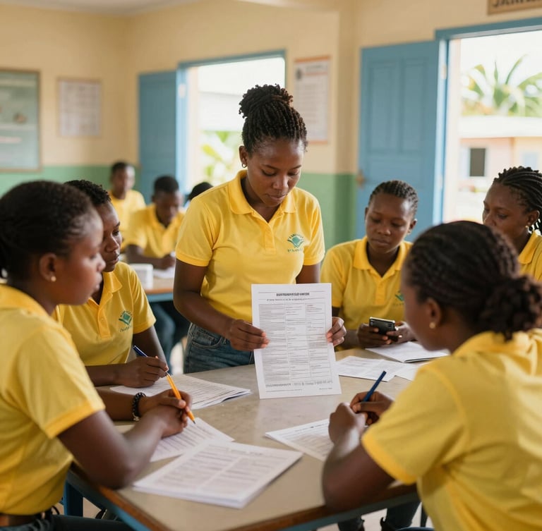 A bright, sunlit Jamaican school staff room where teachers are organized around a table, reviewing a printed manifest of bulk supplies, warm natural Caribbean light, 35mm lens.