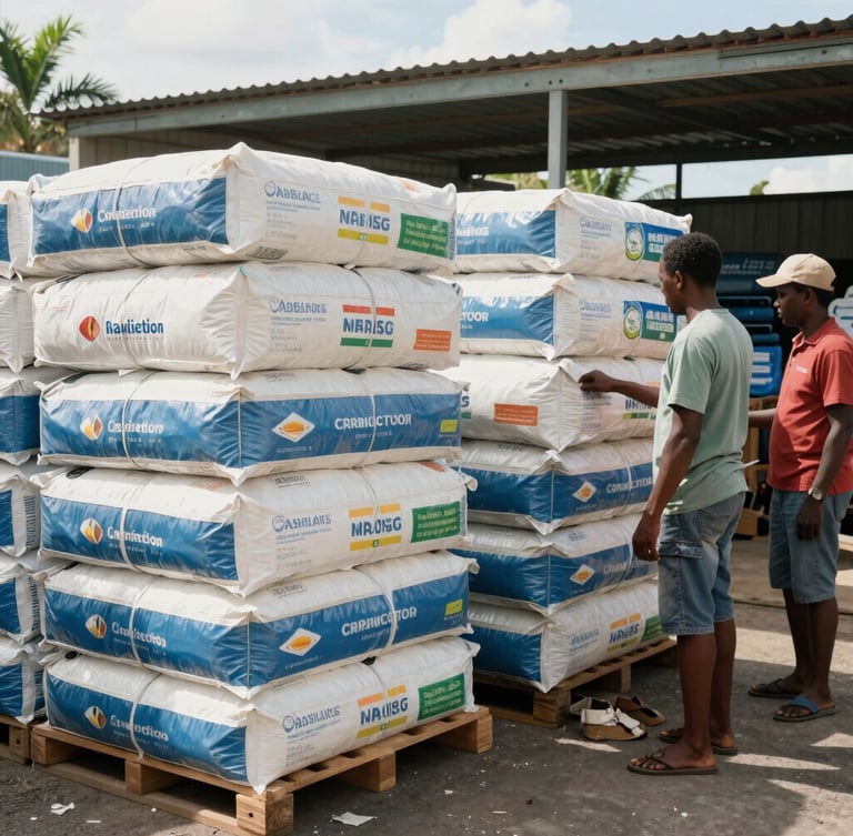 A bright, natural Caribbean daylight photo of an organized warehouse in Jamaica, showing stacked bulk goods in original supplier packaging, 35mm lens.