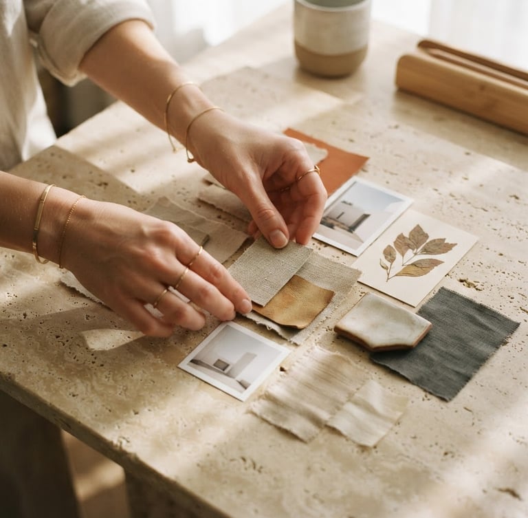 A close-up shot of hands carefully arranging physical moodboard cards on a warm travertine stone table, soft afternoon sunlight casting long shadows, warm editorial photography style