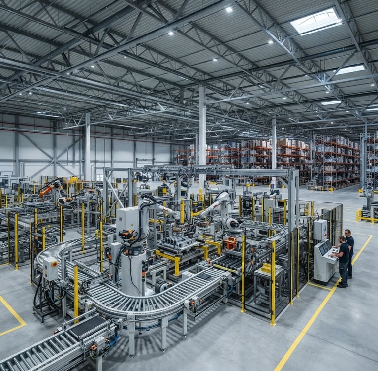 Wide shot of a modern, clean industrial warehouse interior with high ceilings and robotic machinery, cool bright lighting, sharp focus, 35mm, industrial photography